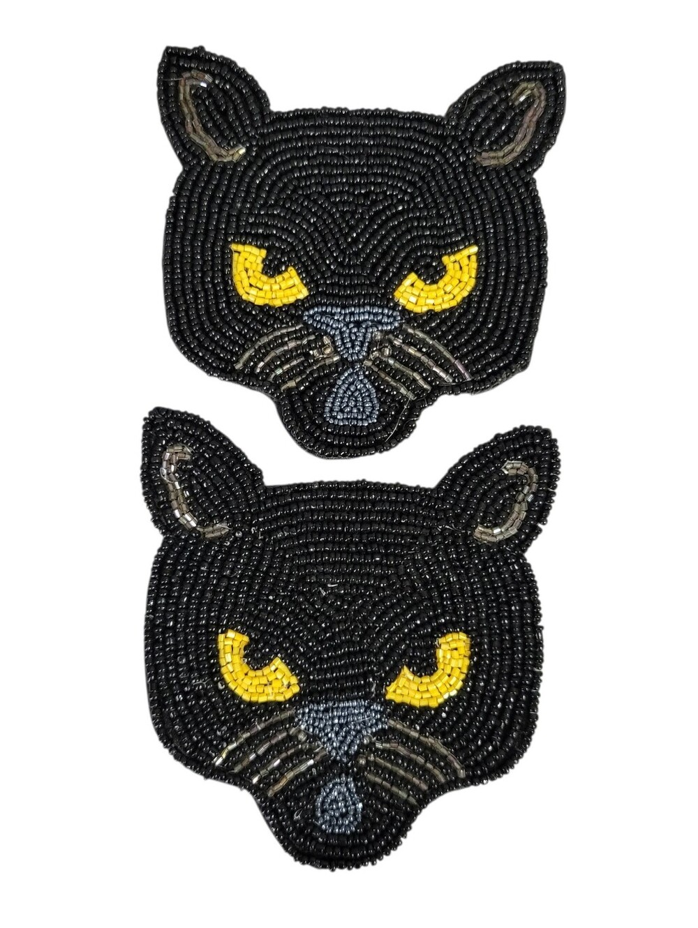 Set of 2 Beaded Black Cat Face Coasters Trivets Wall Art Yellow Eyes Halloween